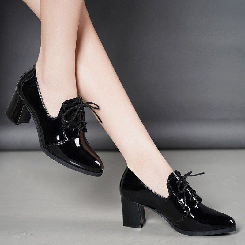 薏尔康2025春秋新款真皮高跟女单鞋深口尖头系带粗跟时尚小皮鞋女,淘宝优惠券,粉丝福利购,淘宝优惠卷