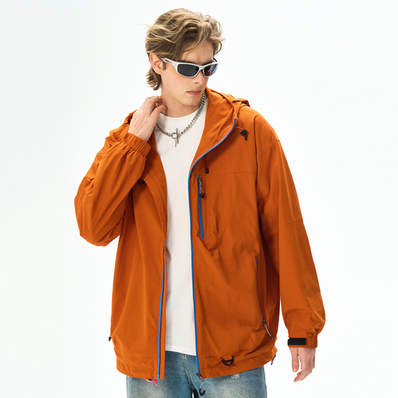 wassupdeion潮牌连帽冲锋衣外套男春秋季宽松新款橘红色工装夹克 - 图2