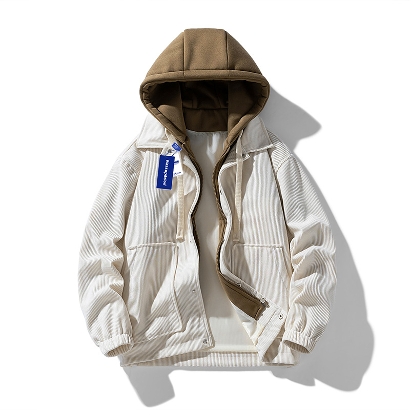 wassupdeion秋冬季灯芯绒假两件连帽外套男情侣款加绒保暖夹克衫 - 图3