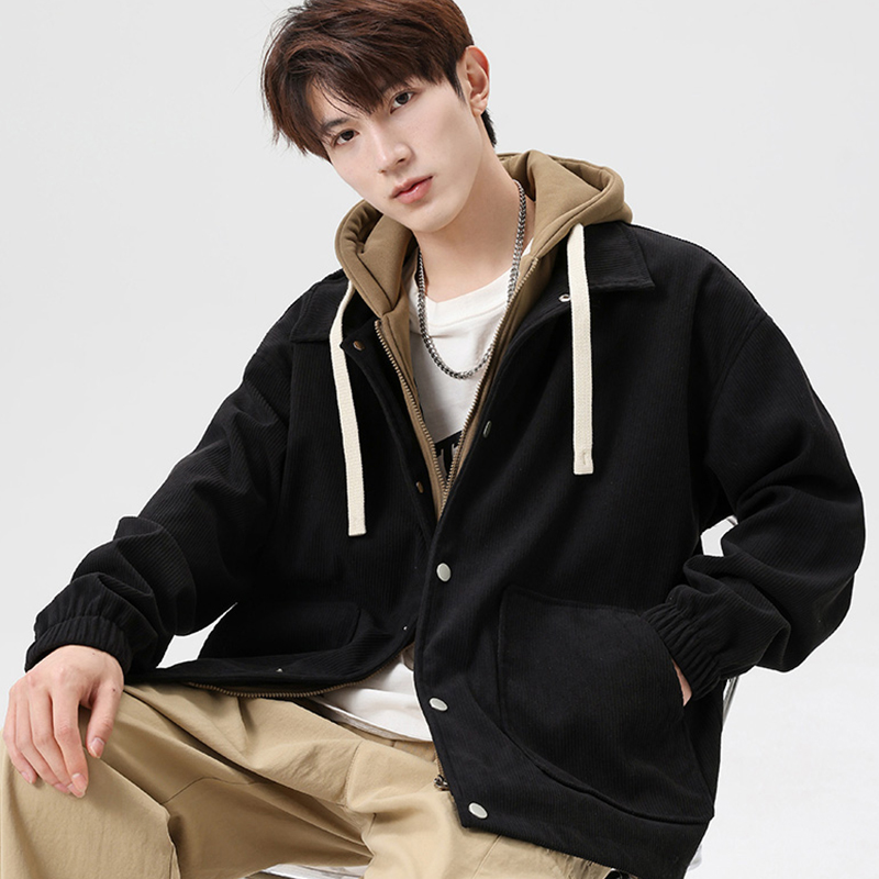 wassupdeion秋冬季灯芯绒假两件连帽外套男情侣款加绒保暖夹克衫 - 图2