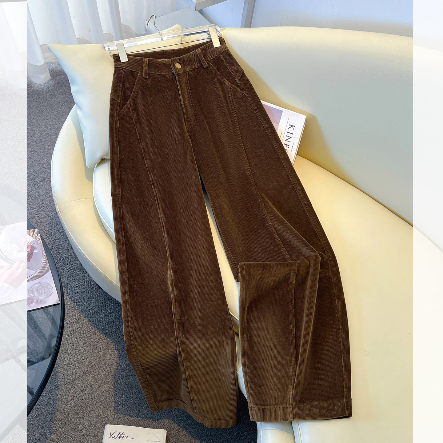 巨好看黄色雪尼尔灯芯绒阔腿弯刀裤女2026春季新款香蕉镰刀休闲裤,淘宝优惠券,粉丝福利购,淘宝优惠卷