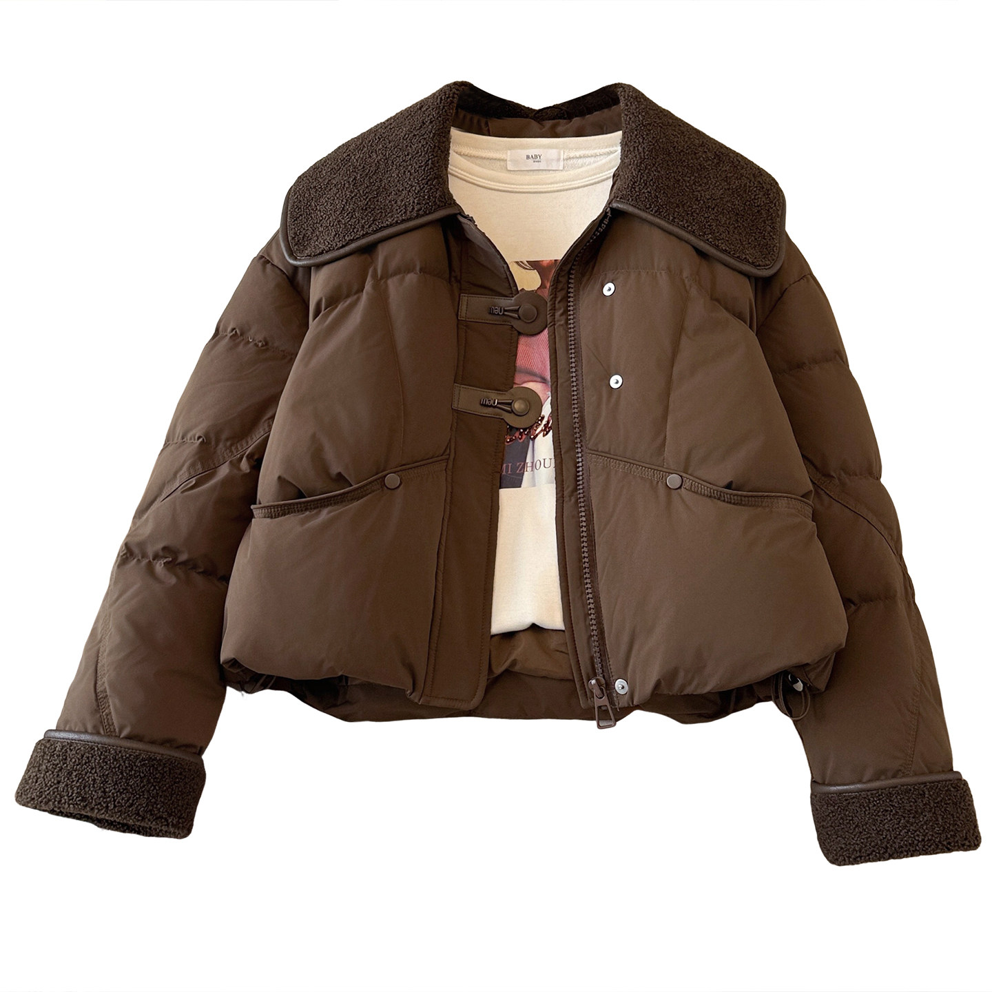 羊羔毛拼接娃娃翻领90白鸭绒羽绒服女2025冬季新款短款小个子外套,淘宝优惠券,粉丝福利购,淘宝优惠卷