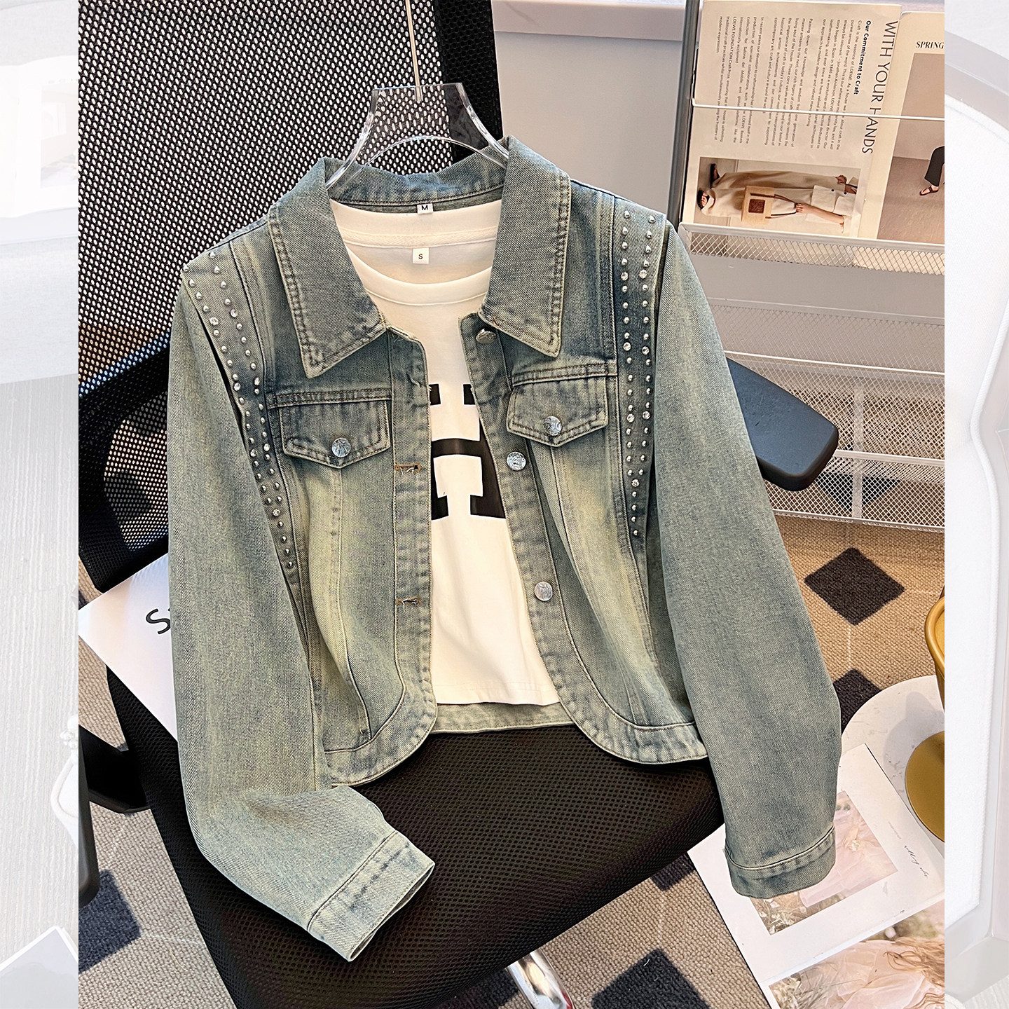 深蓝色重工钉珠牛仔外套女短款2026春秋季新款气质高级感洋气夹克,淘宝优惠券,粉丝福利购,淘宝优惠卷