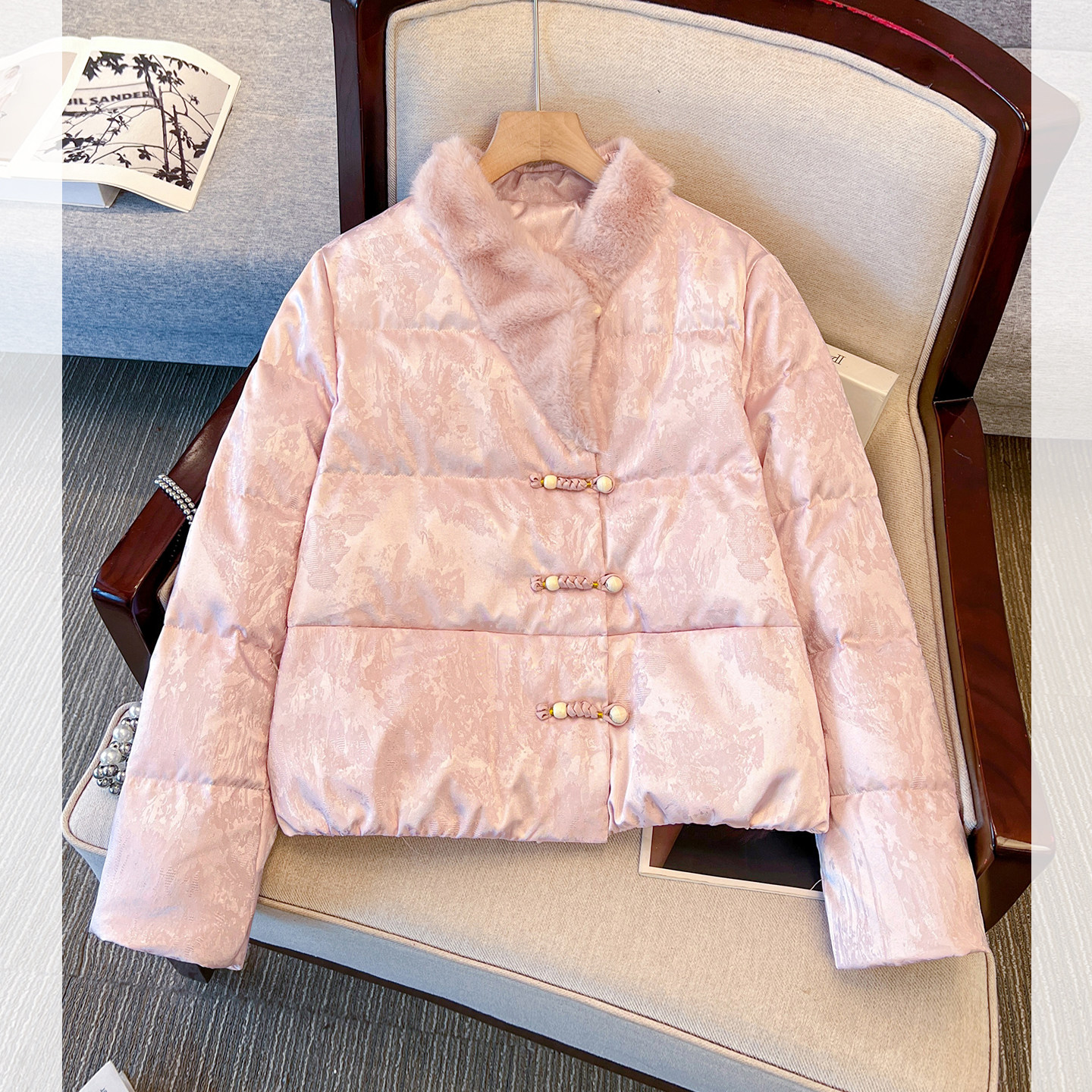 2026超火新中式国风粉色羊羔毛拼接羽绒服女短款冬装白鸭绒厚外套,淘宝优惠券,粉丝福利购,淘宝优惠卷
