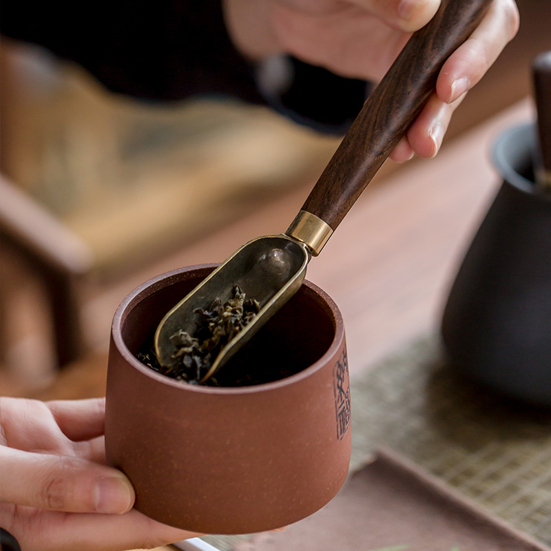 檀木六君子套装茶勺茶夹纯铜茶刷玻璃茶道配件茶刀功夫茶具零配