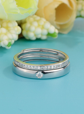 韩版镶钻戒指白铜镀银男