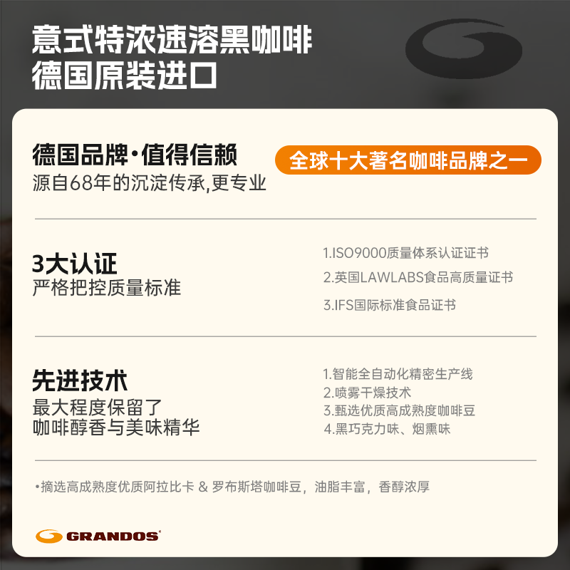 格兰特Grandos双倍特浓速溶黑咖啡粉50g瓶装冷泡0蔗糖0脂德国进口 - 图2