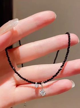 复古简约气质黑色水晶串珠锁骨链
