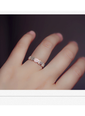 s925纯银开口戒指 光面铜钱串钱戒指 韩国纯银饰品