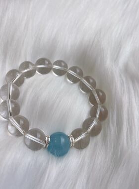 天然白水晶手链海蓝宝大颗粒手串时尚简约女款送闺蜜冷美人轻奢款