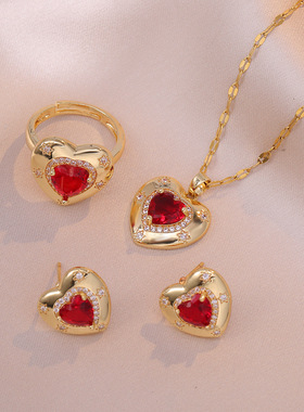 项链女网红 欧美宫廷中古风复古气质绿色锆石爱心耳环项链戒指女