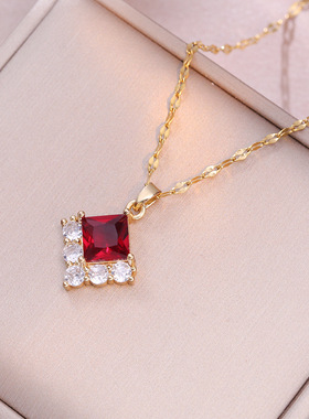 项链女网红红色锆石几何小众时尚新款设计感吊坠气质简约钛钢项链