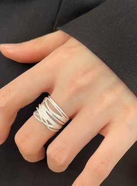 韩版S925镀银戒指女光面交叉几何多层冷淡风简约个性小众食指环夏