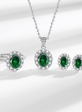 tiktok东南亚直播热销时尚彩宝锆石戒指吊坠项链耳环耳钉3件套装