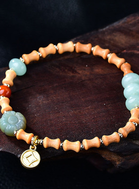 石与木老山檀木铜钱福牌手链竹节玉石红玛瑙手串轻奢复古文玩手链