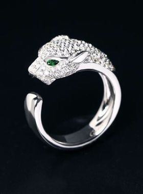 新品欧美霸气轻奢时尚男女豹子头戒指镀白金微镶锆石开口戒指跨境