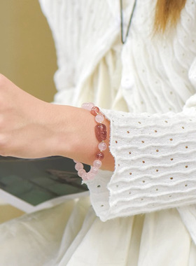 2023夏季天然粉水晶手链女可爱草莓晶貔貅手串饰品ins女生日礼物