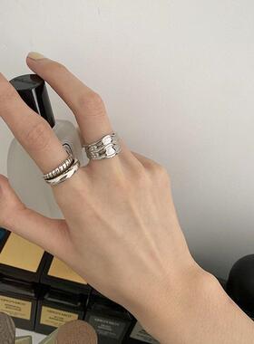 几何麻花双层戒指女复古时尚S925银不规则开口指环嘻哈朋克食指戒