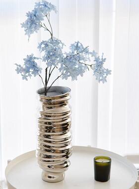 进口铝制金银色高档花瓶扁形摆件样板间螺旋纹亮面金属花器装饰品