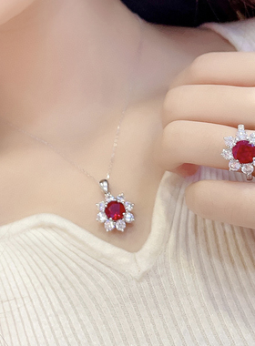 提拉法豪华银镶培育鸽血红宝石戒指女银镀18K金 彩宝无烧鸽血红