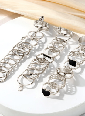 欧美金属黑色滴胶爱心方形戒指27件套法式复古几何开口戒指套装批