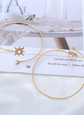 亚马逊手饰品时尚金属太阳月亮镶钻臂环可调节简约气质手镯女