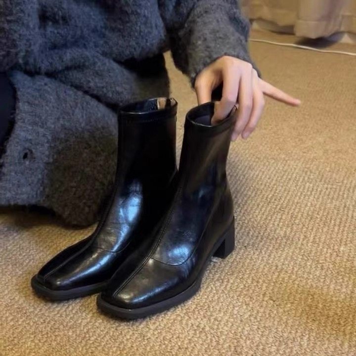 羊皮版~法式气质时尚百搭舒适粗跟短靴小方头软皮外穿日常时装靴,淘宝优惠券,粉丝福利购,淘宝优惠卷