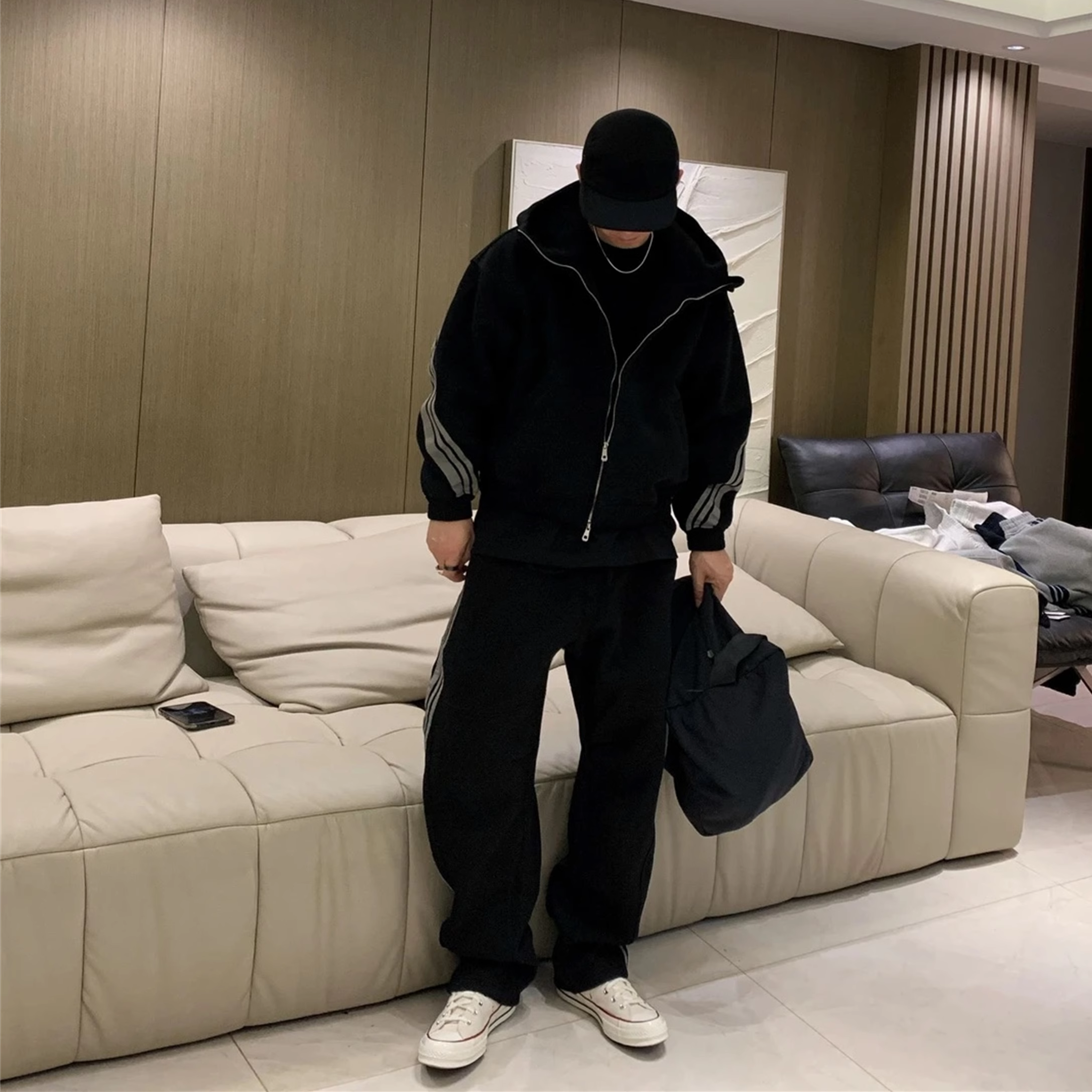 美式重磅拼接撞色三条杠休闲运动套装男士秋冬厚款卫衣卫裤两件套,淘宝优惠券,粉丝福利购,淘宝优惠卷