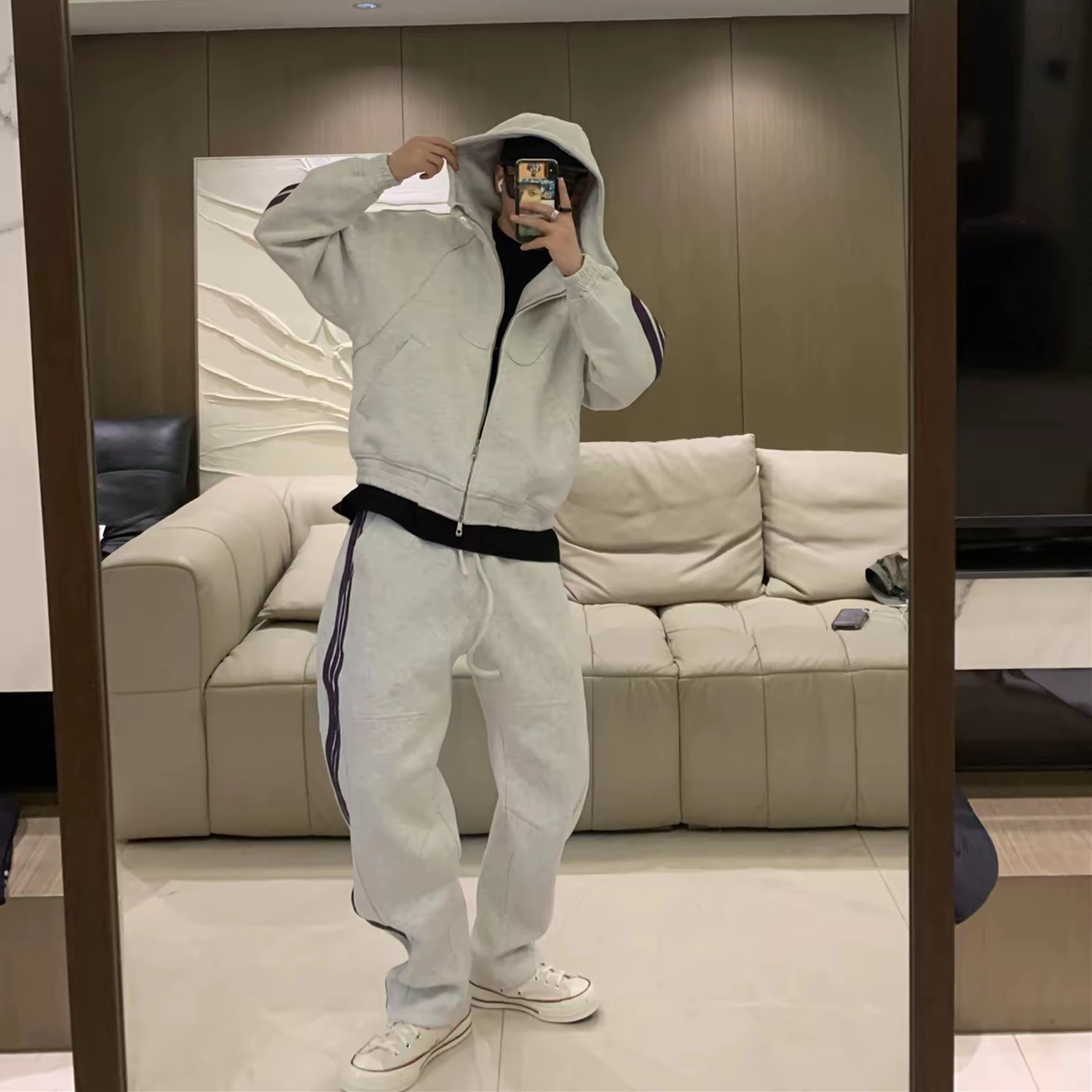 美式重磅拼接撞色三条杠休闲运动套装男士秋冬厚款卫衣卫裤两件套,淘宝优惠券,粉丝福利购,淘宝优惠卷