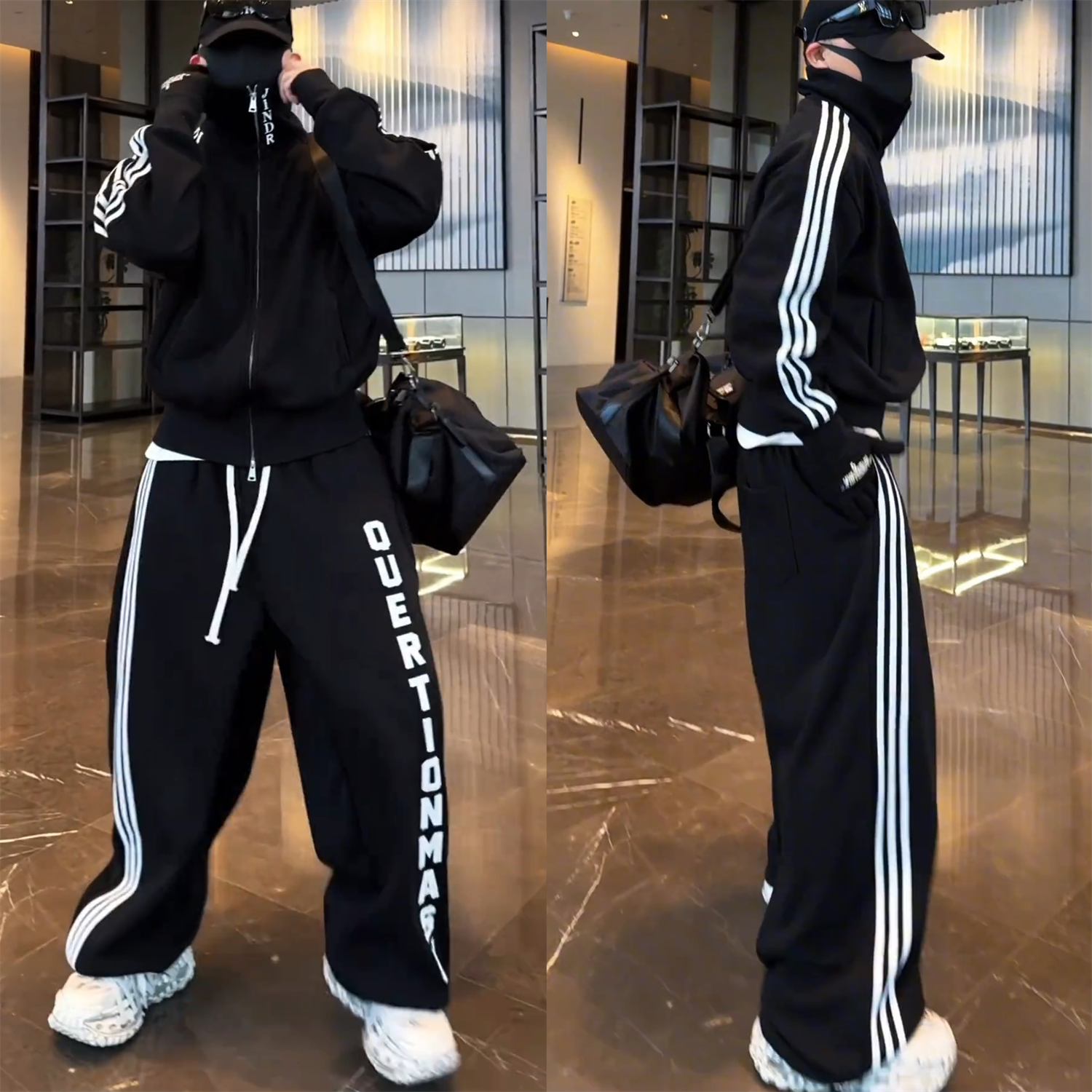 冬季加绒织带印花字母休闲运动套装男士痞帅开衫外套弯刀裤两件套,淘宝优惠券,粉丝福利购,淘宝优惠卷