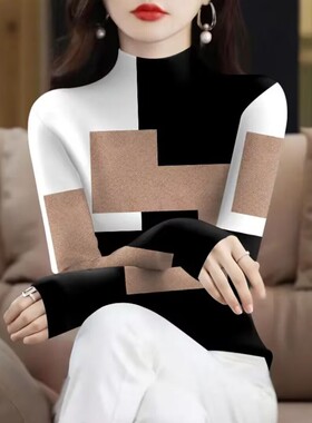 2025秋冬女装遮肚显瘦T恤上衣妈妈时尚减龄薄款半高领打底衫指环