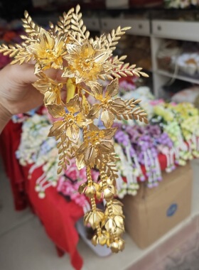 傣族发簪子金色手工花朵侧头泰国饰品云南新款金属云南长须金色