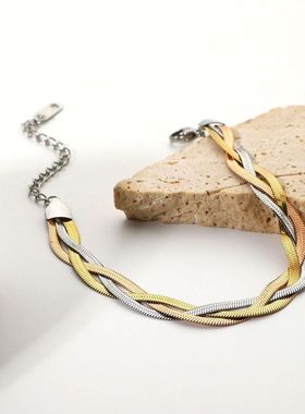 ins风三层编织金属刀片蛇骨手链女时尚简约拼色麻花复古钛钢手链