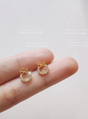 喵星人~微镶锆石925银针镀14K猫头耳钉女 日韩ins小巧迷你版耳饰