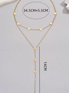 新款韩版双层钛钢爱心项链女锁骨链冷淡风个性简约长款项链圆珠女