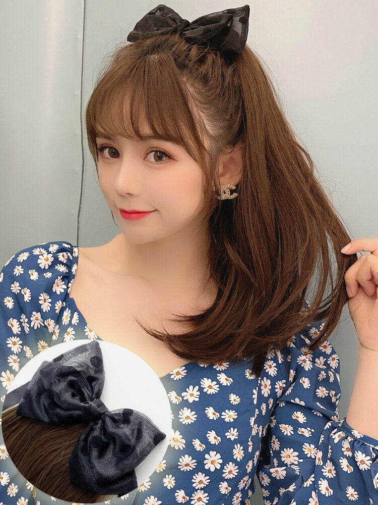 网红自然马尾假发蝴蝶结超短马尾假发女 抓夹式短款直发假马尾发
