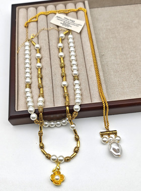 多层珍珠复古花朵毛衣链女新款