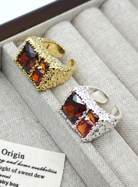 Lule中古风方形闪钻开口戒指女