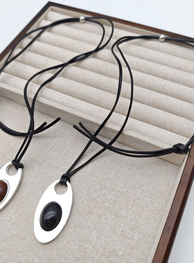 欧美新款简约风椭圆镶嵌吊坠项链