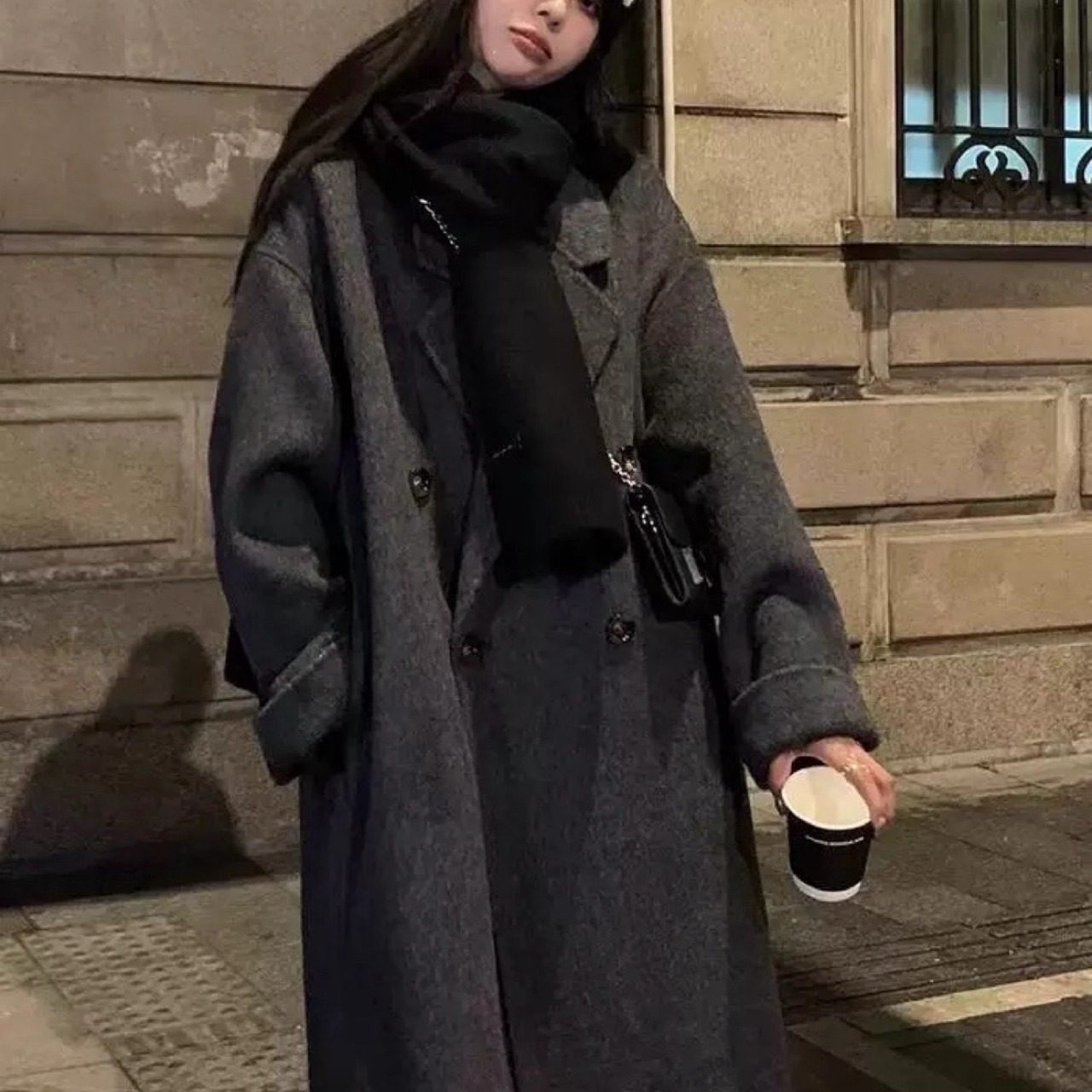 黑灰色双面羊绒大衣女2025秋冬新款中长款高级感羊毛呢子韩系外套,淘宝优惠券,粉丝福利购,淘宝优惠卷