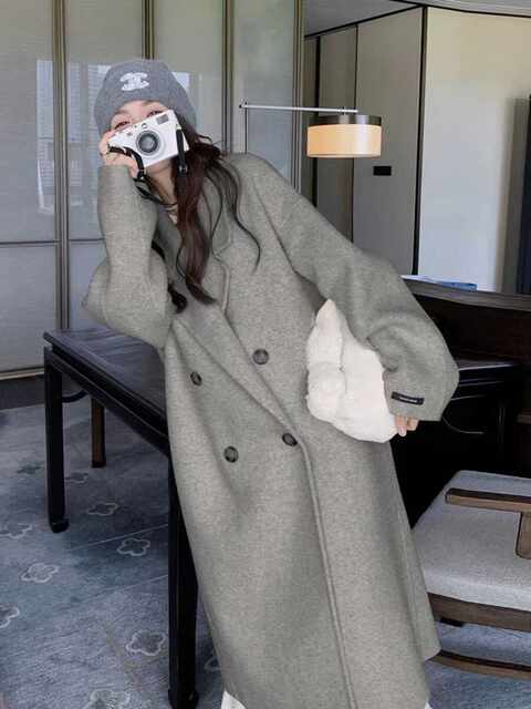 米白色双面羊绒大衣女秋冬新款2024高级韩系温柔风中长款毛呢外套
