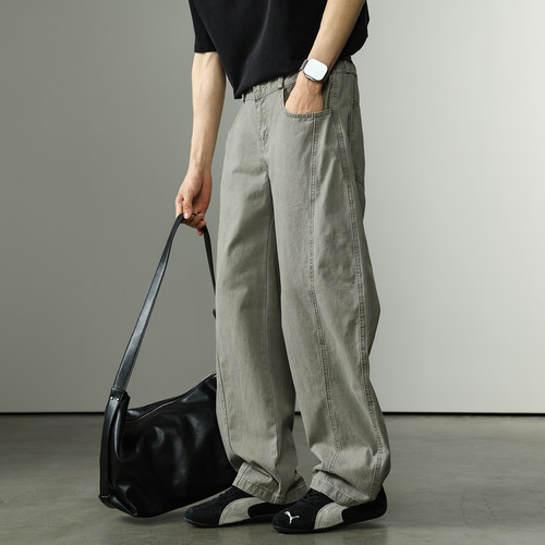 美式弯刀牛仔裤男士夏季新款水洗宽松阔腿工装裤纯棉直筒休闲裤子 - 图1