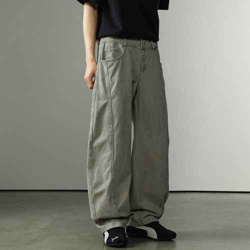 美式弯刀牛仔裤男士夏季新款水洗宽松阔腿工装裤纯棉直筒休闲裤子 - 图0