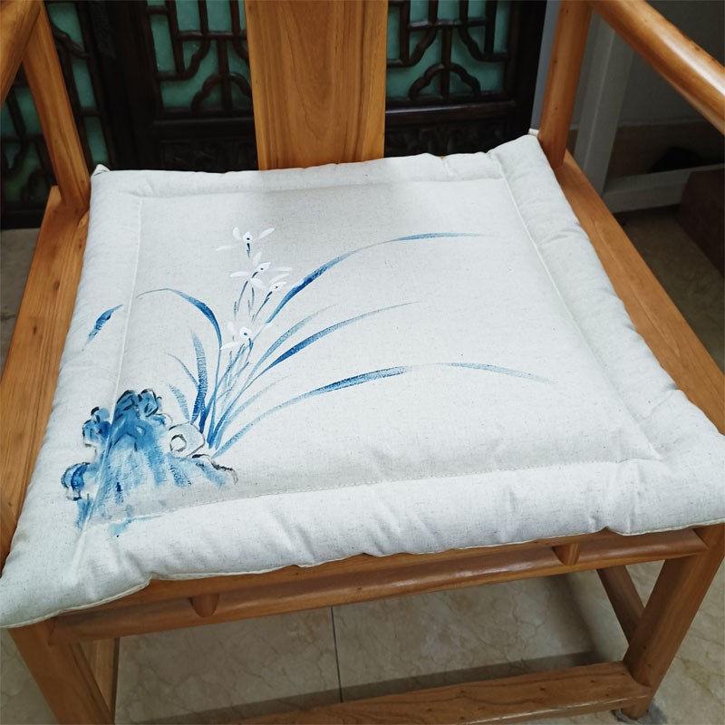 New Chinese style chair cushion cotton and linen hand-painted thickened fart cushion four seasons Japanese style bay window cushion Q winter cushion tatami custom