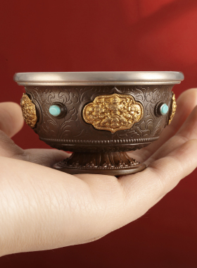 慧宝黄铜七供水碗净水杯藏式家居具大小古铜色八吉祥供碗供用品