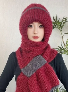 麟志甄选秋冬加绒加厚编织风雪帽百搭女士冬天护耳朵帽子围巾一体
