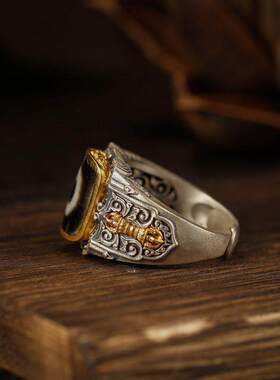 藏式天珠戒镶嵌人造一眼天珠戒指复古做旧感气质活口食指戒