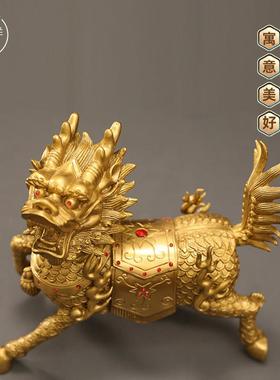 纯黄铜家庭瑞兽火麒麟看门一对全铜招财大门口客厅办公室装饰摆件
