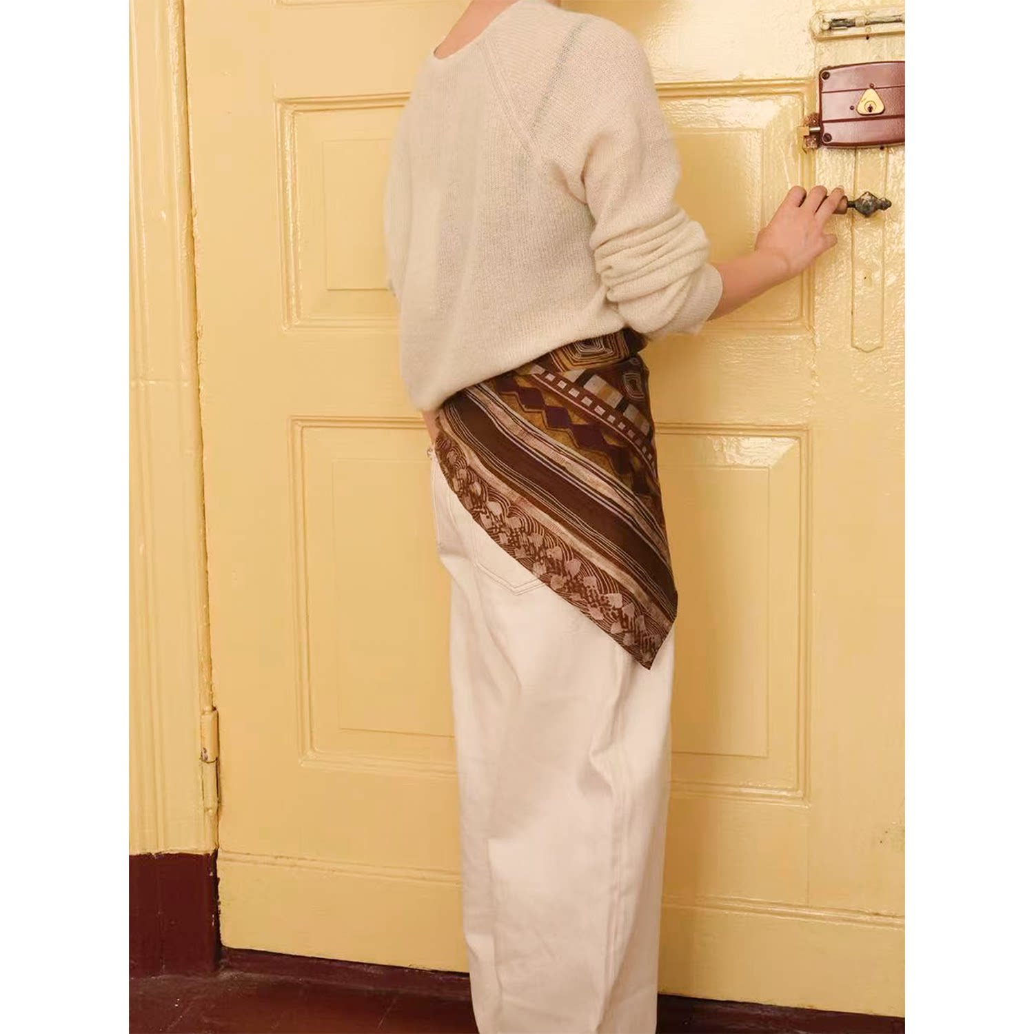 SecondMoon四季时髦百搭定制三色印花丝巾重磅复古方巾头巾腰带