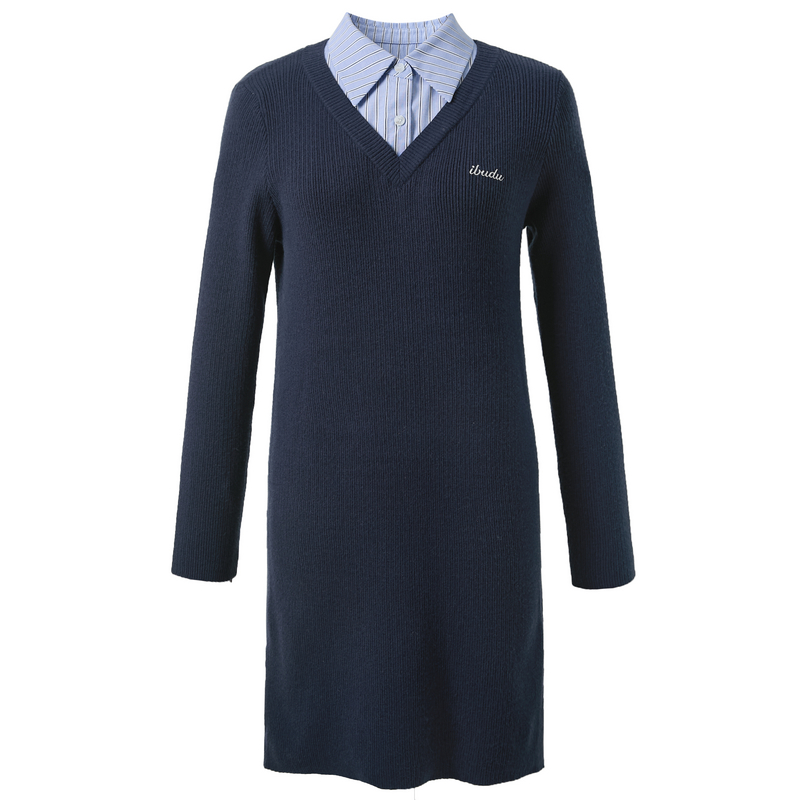 ibudu2025春季新款学院风假两件针织连衣裙字母绣花短裙女 - 图3